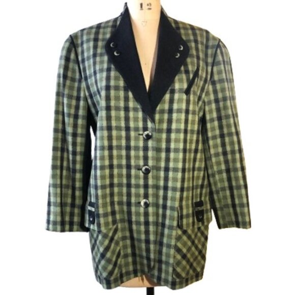 Vintage 90s wool checkered olive green and black blazer jacket, Plus size - Picture 2 of 16